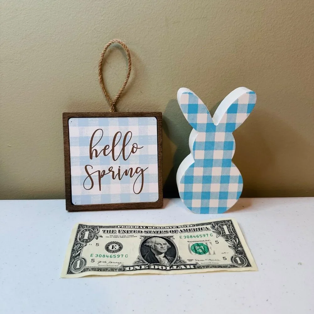 Small HELLO SPRING wood sign AND Easter Bunny Buffalo plaid spring tiered tray